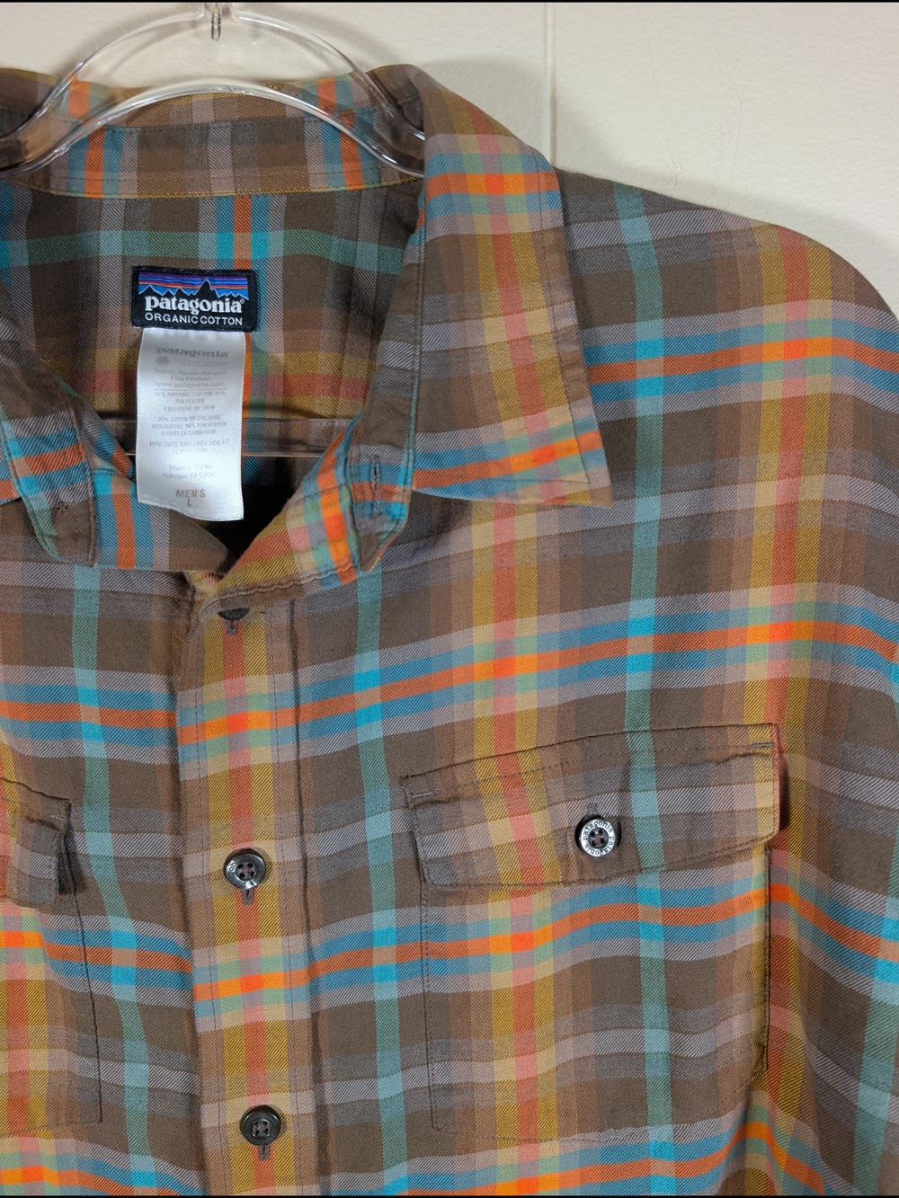 Patagonia Organic Cotton Plaid Shirt Mens Large Brown Blue Orange Button Up